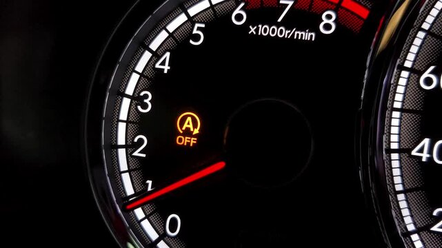 Close-up of auto start-stop off warning light illuminated on car tachometer gauge