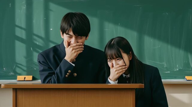 教室の黒板前で笑いをこらえる高校生男女