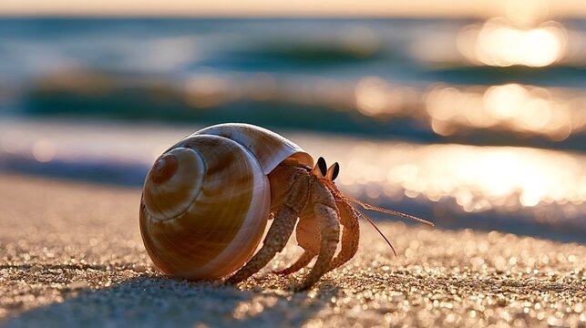 Hermit crab walking on beach sand at sunset