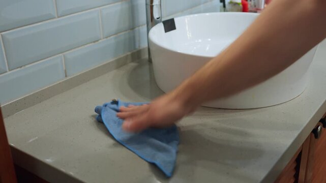 Cleaning a bathroom countertop in a modern home