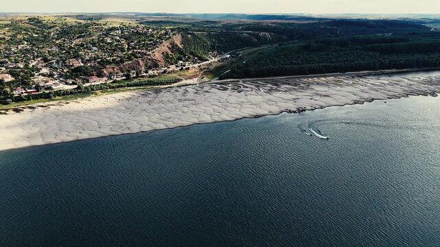 Drone footage with the Danube reaching record low levels during a dry and hot period in the summer of 2026 near Rasova, Romania.