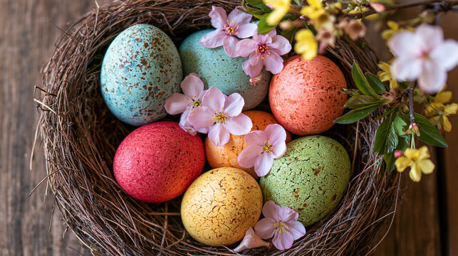 Colorful textured Easter eggs nestled in a birds nest with spring blossoms on wood. Festive background for religious holiday celebration and seasonal greeting card design.