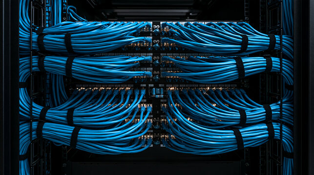Rows of blue ethernet cables are neatly organized in a network server rack. Ideal for data center, telecommunications, and internet technology concepts.