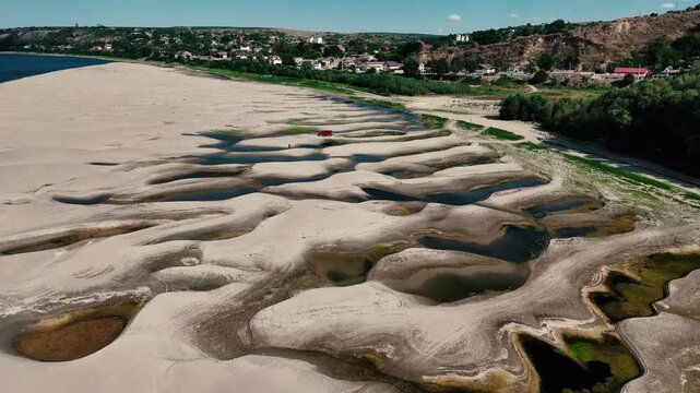 Drone footage with the Danube reaching record low levels during a dry and hot period in the summer of 2026 near Rasova, Romania.