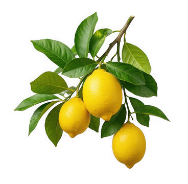Three fresh yellow lemons hanging on a branch with green leaves isolated on transparent background