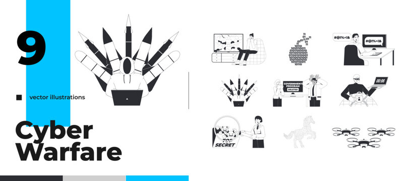 Cyber warfare and digital security line illustration concept pack. Nuclear news. Online radicalization. Government disruption. Hacker outline 2D characters isolated. Flat cartoon vector metaphor set