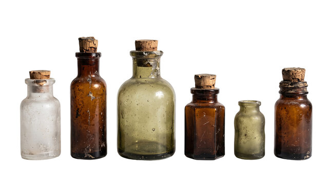 Vintage apothecary glass bottles with cork stoppers, antique medicine jars in amber and green glass, rustic collection of old pharmacy vials isolated PNG with Transparent Background