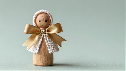 Obraz premium Wooden doll with knitted bonnet and golden bow, serene against soft green backdrop.