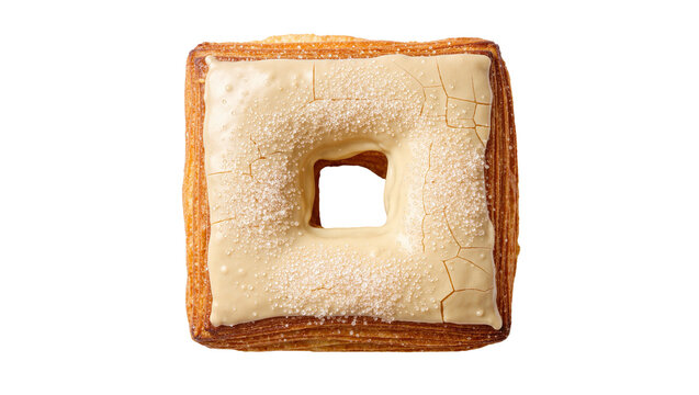 Square danish pastry with cracked glaze and sugar crystals, isolated on transparent background