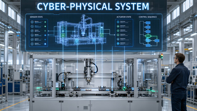 Cyber-physical system setup featuring CNC machine in glass enclosure with digital blueprint HUD overlay and engineer monitoring process.