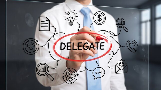 Business delegation concept with professional manager surrounded by communication and management icons