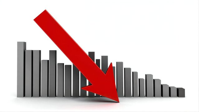 Red arrow points down over declining grey bars, symbolizing market downturn.