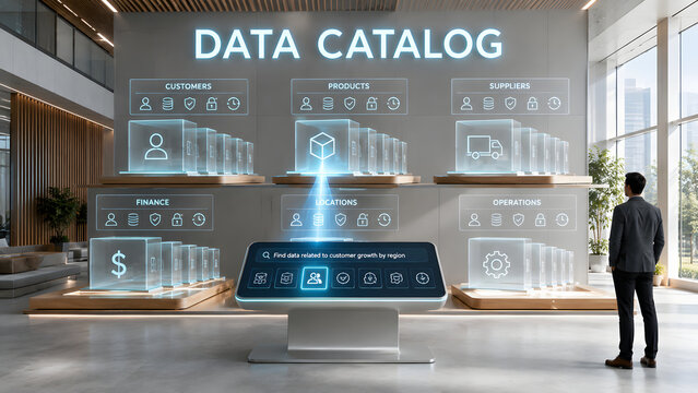 Modern corporate data catalog display hall with interactive touch terminal organizing customer, product, finance, and supplier data blocks.