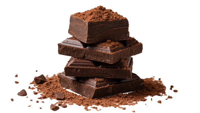 Stack of dark chocolate bar pieces with cocoa powder, isolated on transparent background