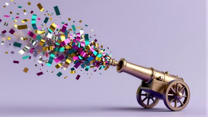 Fototapeta na wymiar Cannon shoots vibrant confetti, celebrating joy and festivity against a soft purple backdrop.
