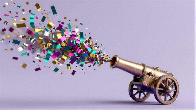 Cannon shoots vibrant confetti, celebrating joy and festivity against a soft purple backdrop.