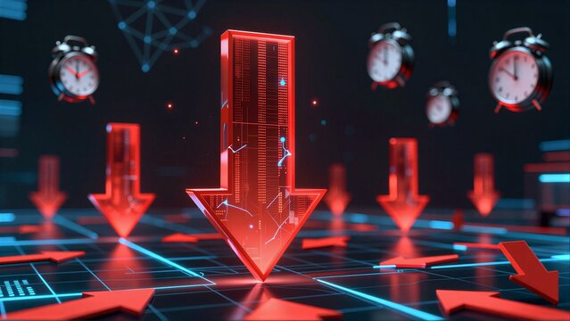 Digital arrow points down amid clocks and data, symbolizing decline or urgency.