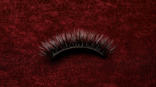 A single false eyelash strip rests on a deep red velvet texture. Ideal for beauty product advertisements and professional makeup artist portfolios.