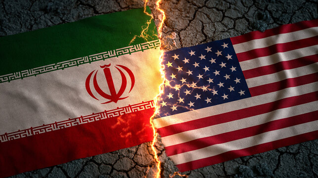 National flags of Iran and USA divided by a lightning bolt on cracked earth. Conceptual illustration of international diplomatic conflict and political crisis.