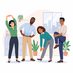 Fototapeta premium Multicultural office team practicing physical stretches during work break for employee wellness
