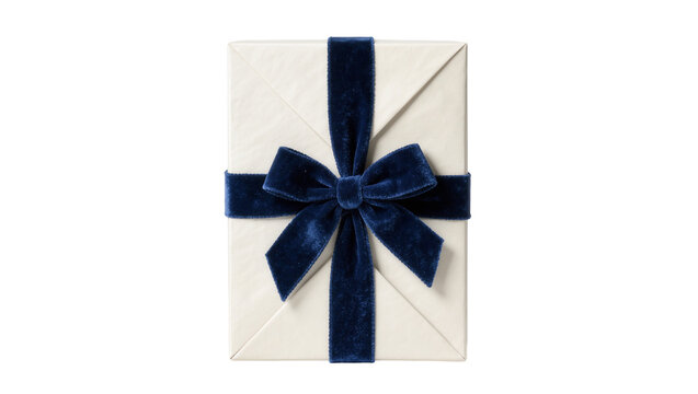 Cream textured gift box with dark blue velvet ribbon bow, isolated on transparent background