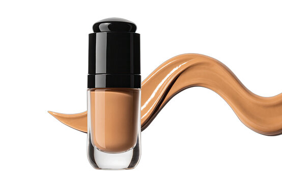 A clear bottle of premium foundation with a black cap is shown alongside a smooth flowing swatch of matching foundation. This scene highlights makeup essentials