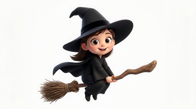 Cute little cartoon witch flying on a wooden broomstick isolated on a plain white background