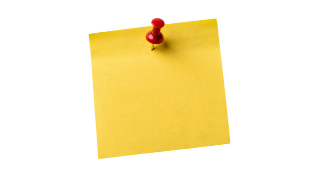 Yellow sticky note secured with a red pushpin, isolated on transparent background