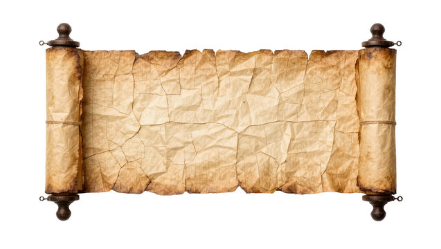 Antique parchment scroll with wooden finials, isolated on transparent background