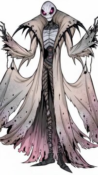 Halloween ghoul character with glowing eyes, skeletal face, tattered long coat, clawed hands, and dark fantasy animation style, isolated on a white background.