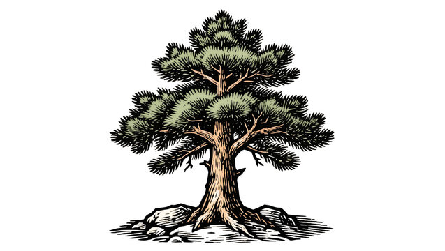Detailed pine tree with textured bark and green needles, isolated on transparent background