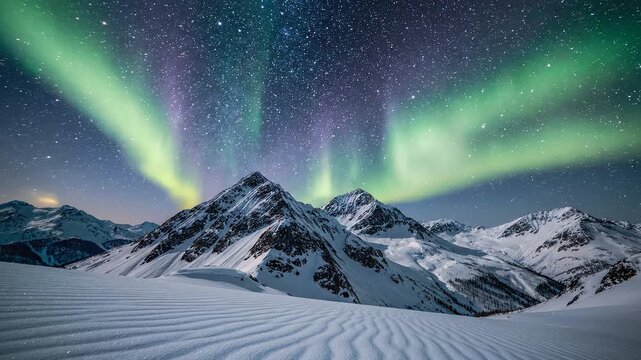 Vibrant green and purple aurora borealis illuminates the night sky above a snow-covered mountain range with rippled snow patterns in the foreground.