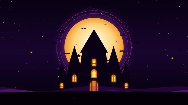 Spooky halloween castle silhouette with full moon at night