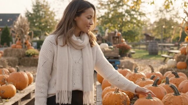 Young Woman Selecting a Pumpkin at a Sunny Autumn Farm Patch for Seasonal Harvest Celebration and Fall Holiday Decorations
