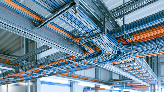 Industrial metal cable tray infrastructure with blue and orange electrical conduit inside modern facility
