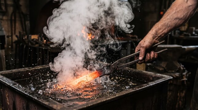 Hands Quenching Freshly Forged Metal in Water With Steam