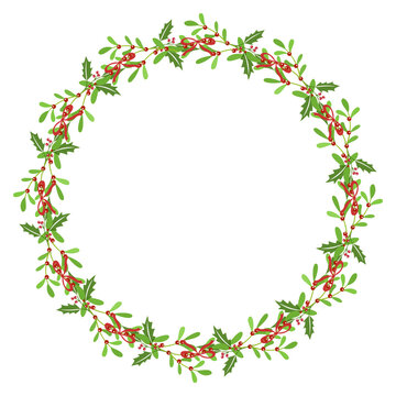 A delicate Christmas wreath frame made of green holly leaves, mistletoe, red berries, and red ribbon isolated on a transparent background for holiday designs.