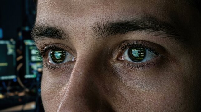 Close up eyes reflection of streaming green program code script during intense software development process on screen.