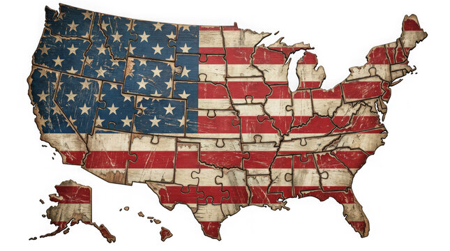 United states map jigsaw puzzle with american flag isolated on transparent background