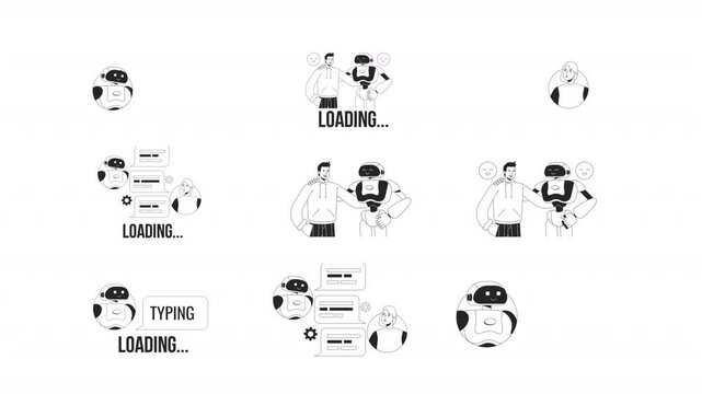 AI chatbot and virtual assistant black and white line animation pack. Human with artificial intelligence collaboration. Conversation bubbles. Typing indicators loading animated outline 4K video set