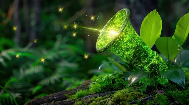 Enchanted Green Horn Surrounded by Lush Forest Foliage with Sparkling Light Effects