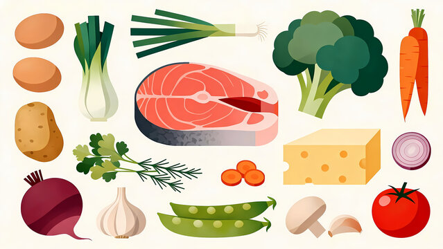 Colorful healthy food ingredients arranged on light beige background for recipe and nutrition content