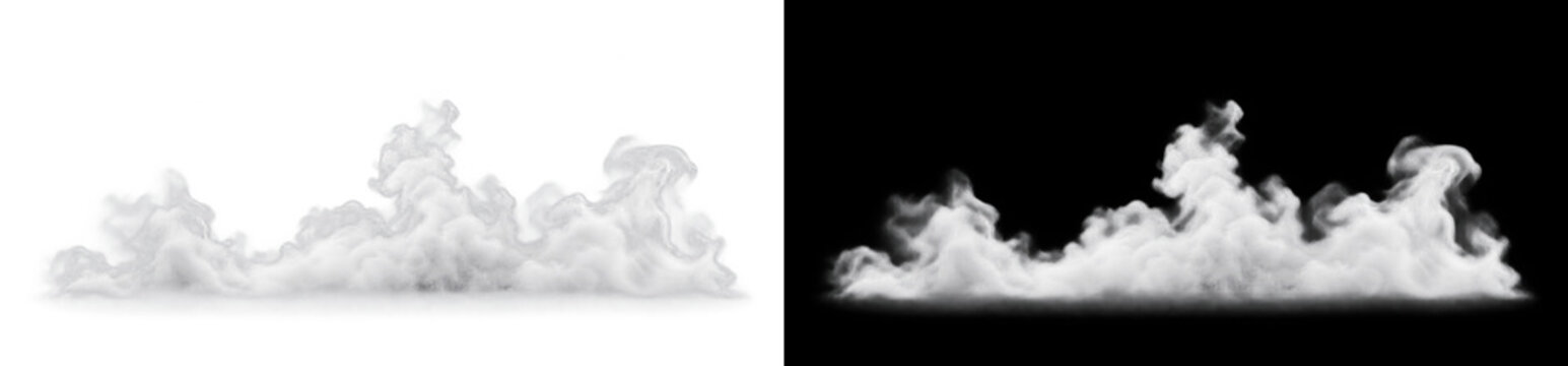 Horizontal billowing white cumulus cloud border on transparent background, rolling atmospheric smoke mist with soft layered volume. Summer sky overcast fog creates clean weather horizon element.