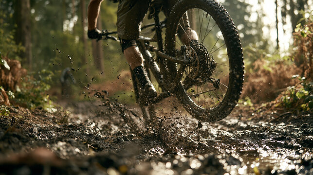 A mountain biker rides through a muddy trail with splashing water in a forest. Perfect image for extreme sports, adventure, and outdoors lifestyle marketing.