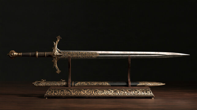 Ornate medieval longsword resting on a decorative wooden stand against a dark background. Perfect for fantasy storytelling, gaming, and historical collection concepts.