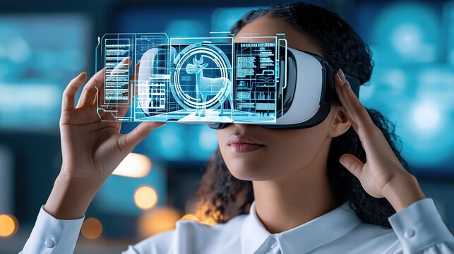 Young woman experiencing virtual reality technology with futuristic holographic interface overlay