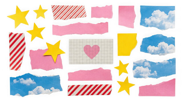 Set of various torn paper pieces with sky, stars and heart patterns isolated on transparent background