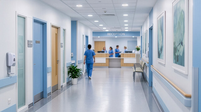 Modern Hospital Corridor with Reception Desk, Doctor Walking in Scrubs