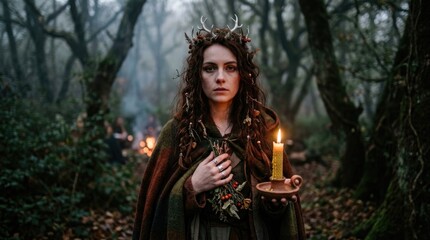 Obraz premium Celtic druid woman celebrating traditional samhain holiday, holding burning candle during autumn pagan ritual, wearing antler crown and wool cloak inside foggy forest.