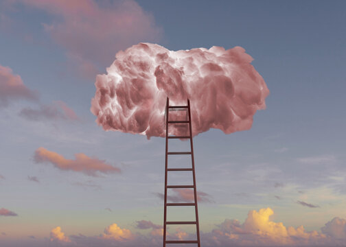 Ladder going up to a pink cloud, isolated on beautiful clouds.